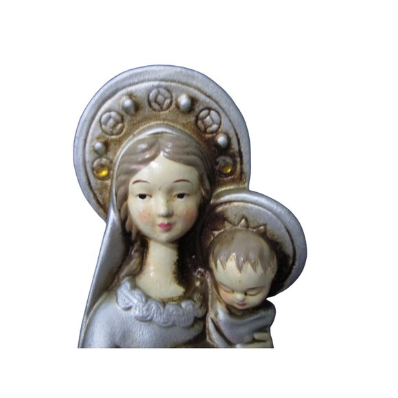 Vintage Papier Mache Madonna With Child Figurine Silver Tone Rhinestone Accents - Picture 11 of 16